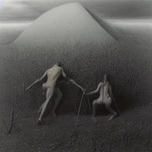 Image similar to camp by Zdzisław Beksiński, oil on canvas