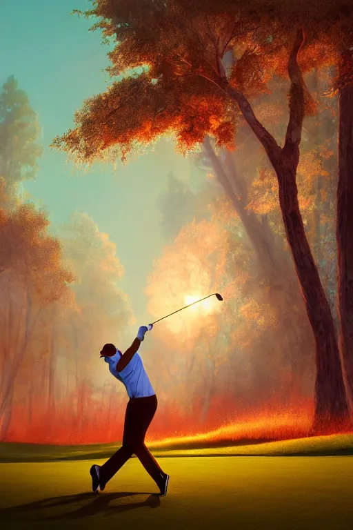 Prompt: close-up of an athletic golf player on a stunning landscape lush golf course, magical lights, golden hour, surrounded by forest fire, smoke from the fire, sunlight shining through the branches of trees, digital painting, 4k, forest ray light, particles light, by sasha kalinkin, Noah Bradley, ilya kuvshinov