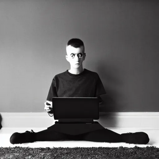 Image similar to a skinny goth guy sitting on the floor of his room, crossed legs, laptop, smartphone, video games, tv, faded effect, photograph, kodak film, realism,