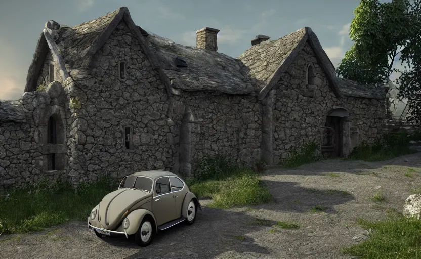 Prompt: a vw beetle parked near a small medieval stone house at sunrise, concept art, octane render, unreal engine 5, trending on artstation, high quality, 8 k, soft lighting, path traced, hyperrealistic, highly detailed, digital art, symmetrical, cinematic, high coherence, godrays