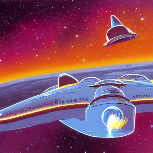 Image similar to starship during reentry of earth atmosphere, 1 9 8 0 s concept art, vintage, high saturation colors, high quality, hand drawn