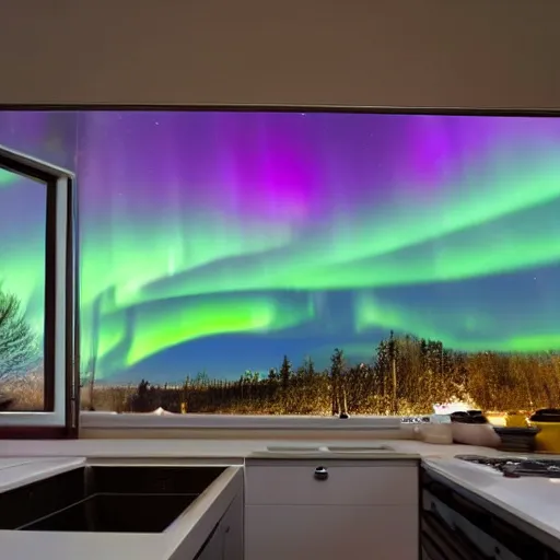 Prompt: Aurora Borealis inside my kitchen, stunning photography