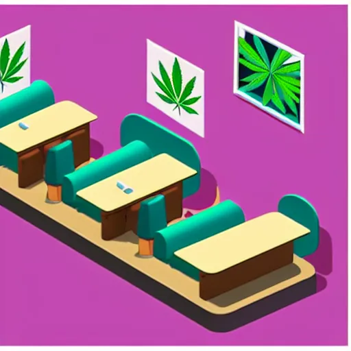 Image similar to isometric cartoon of cannabis leaf cafe with desks and chairs, by benoit mandelbrot, low poly minimal interior design