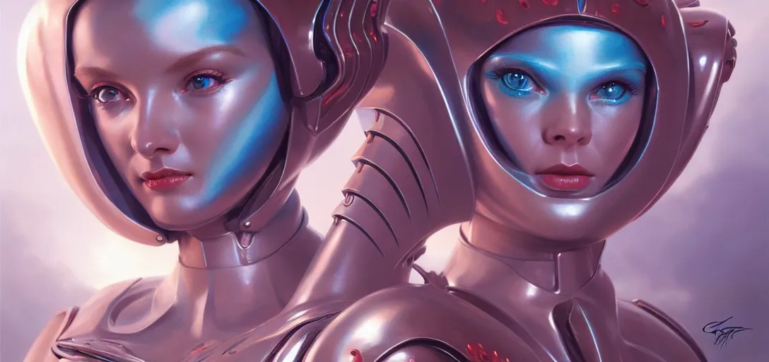 Image similar to face of a cute alien girl wearing shiny plastic armor in the style of roger dean and alberto vargas and stefan kostic, realistic, sharp focus, 8 k high definition, insanely detailed, intricate, elegant, art by greg rutkowski and artgerm, extreme blur coral reef background