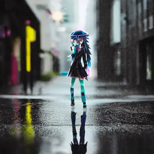 Image similar to photorealistic hatsune miku walking down a rainy street, ef 8 5 mm f 1. usm