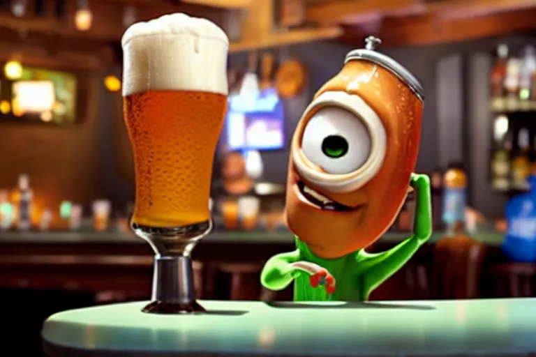 Prompt: a anthropomorphic pint of beer, pixar, who is a customer, waits to be served by a bartender,