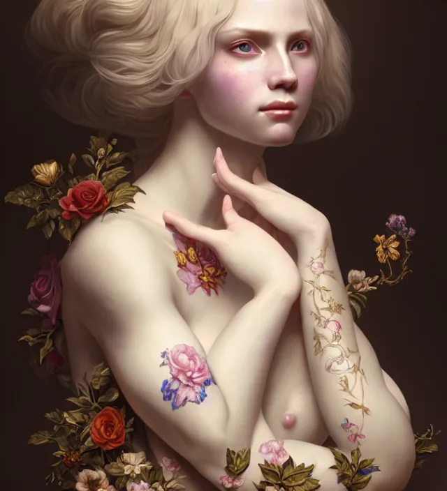 Image similar to baroque portrait of a blonde princess of porceline skin, floral tattoos, cinematic lighting, photorealistic, octane render, 8 k, depth of field, art by artgerm and greg rutkowski and alphonse mucha and uang guangjian