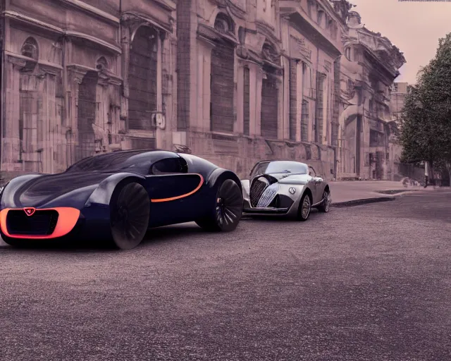 Image similar to a single bugatti type 5 7 and tesla roadster hybrid, dslr, cinematic, photorealistic, hyperdetailed