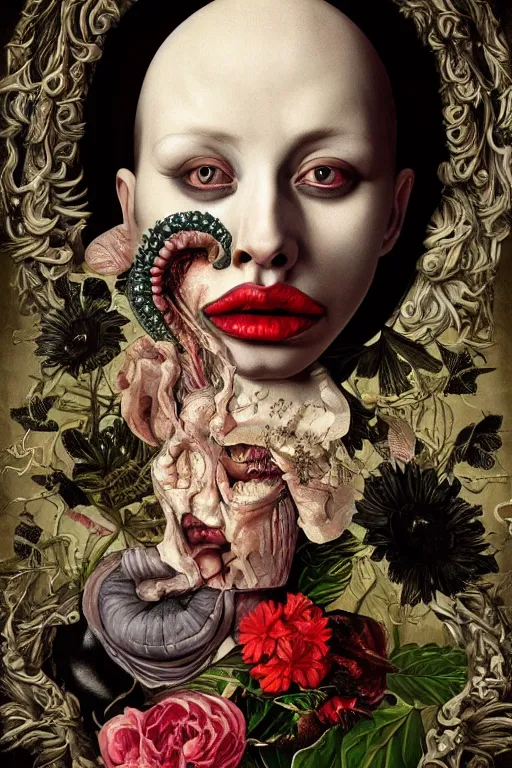 Image similar to Detailed maximalist portrait with large lips and eyes, expressive, botanical skeletal with extra flesh, HD mixed media, 3D collage, highly detailed and intricate, surreal illustration in the style of Caravaggio, dark art, baroque