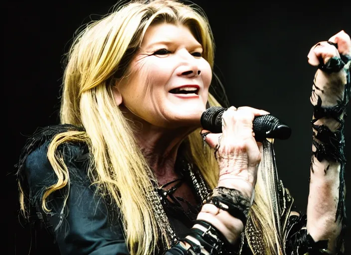 Image similar to publicity photo still of martha stewart in cradle of filth playing live on stage, 8 k, live concert lighting, mid shot