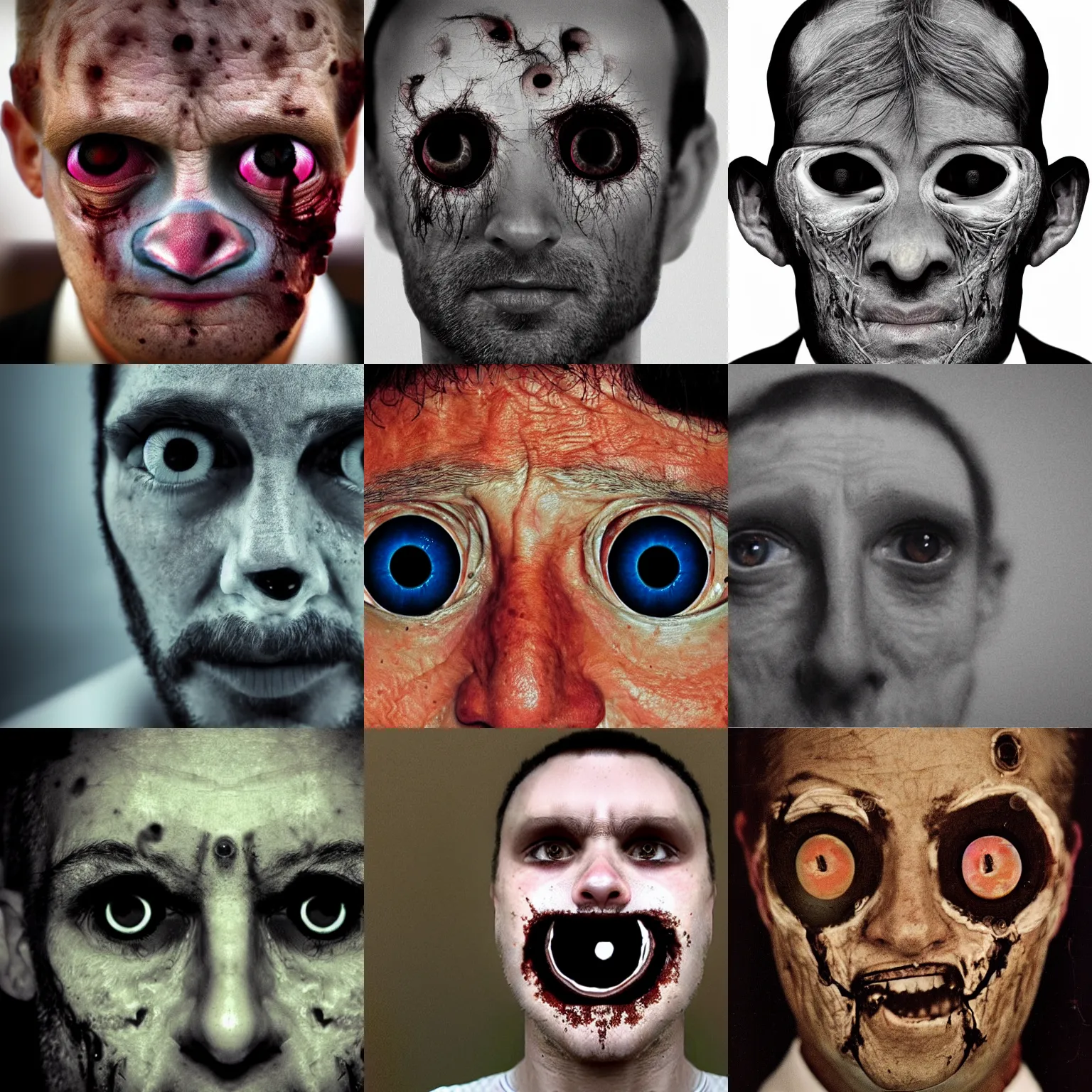 Prompt: a photo of a man's face, he has eyes all over his face, many eyeballs, mutant, horror