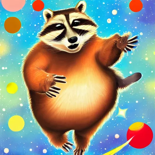 Image similar to fat raccoon skating through space, colorful, realistic, photorealism