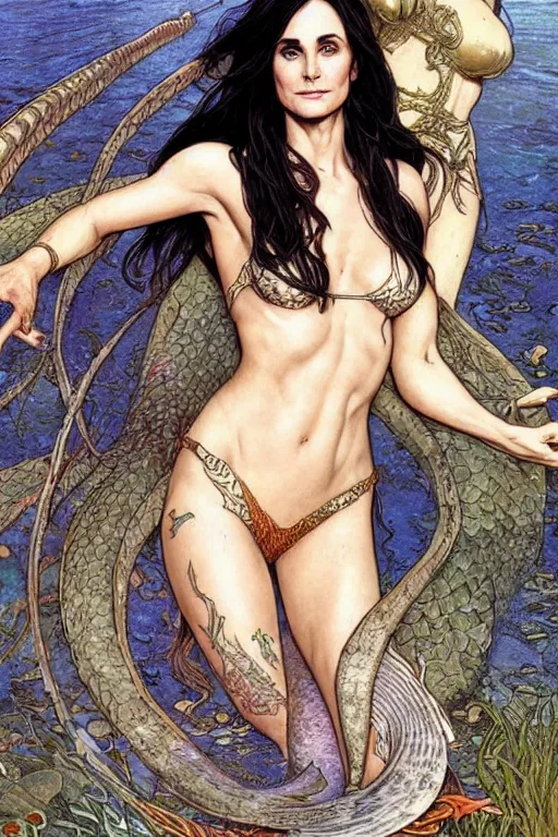 Prompt: mermaid who looks like courteney cox, detailed full body portrait by james gurney and artgerm and Mucha, amazing detail, intricate, stunning inking lines, 4K, character design, concept art