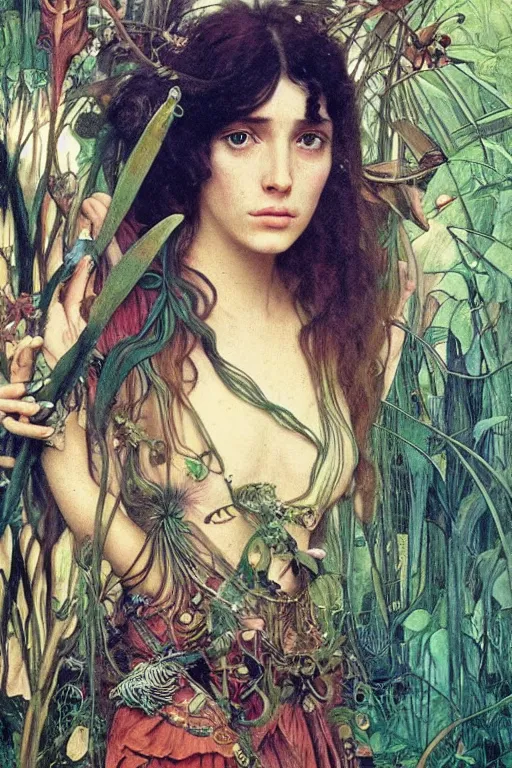 Image similar to realistic detailed portrait of bohemian girl in jungle by denis villeneuve, amano, yves tanguy, alphonse mucha, ernst haeckel, max ernst, roger dean, ridley scott, dynamic closeup