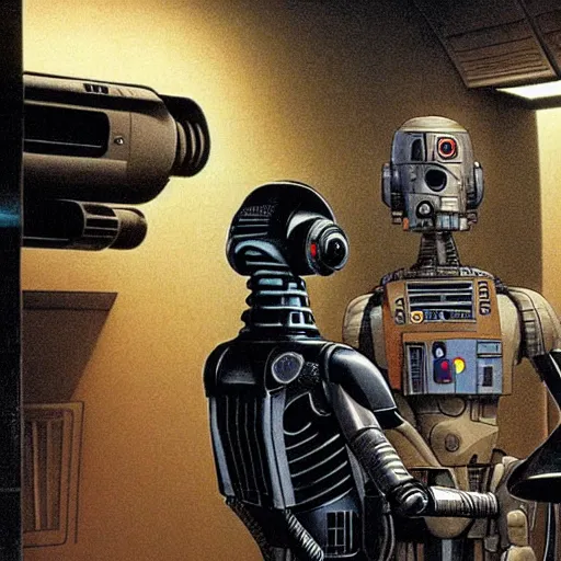 Image similar to ig-88 talking in the cantina, artwork by ralph mcquarrie