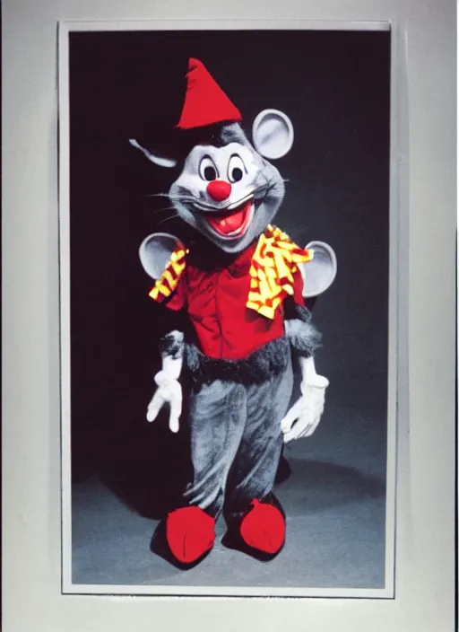 Prompt: Chuck E. Cheese mascot low quality 2002 circus portrait of an anthropomorphic rat animatronic dressed like a clown, professional portrait, camera flash, dimly lit mouse, Chuck E. Cheese head, authentic, mouse, costume weird creepy, off putting, nightmare fuel, Chuck E. Cheese