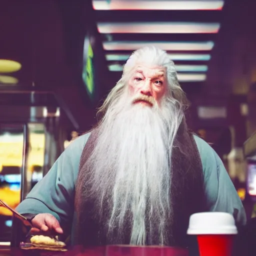 Prompt: gandalf the white portrait working in a fast food restaurant, in a cinematic cyberpunk style, 3 5 mm