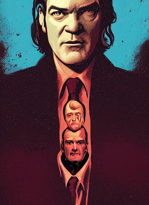 Image similar to poster artwork by Michael Whelan and Tomer Hanuka, Karol Bak of portrait of Quentin Tarantino the local video store kerk, from scene from Twin Peaks, clean, simple illustration, nostalgic, domestic, full of details