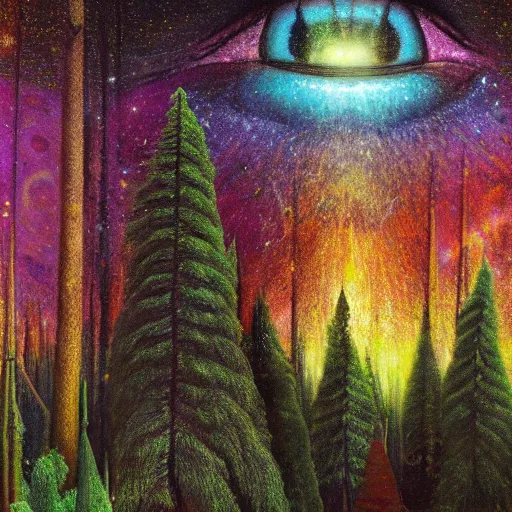 Image similar to psychedelic lush pine forest, outer space, milky way, amber eyes cat eyes designed by arnold bocklin, jules bastien - lepage, tarsila do amaral, wayne barlowe and gustave baumann, cheval michael, trending on artstation, star, sharp focus, colorful refracted sparkles and lines, soft light, 8 k 4 k