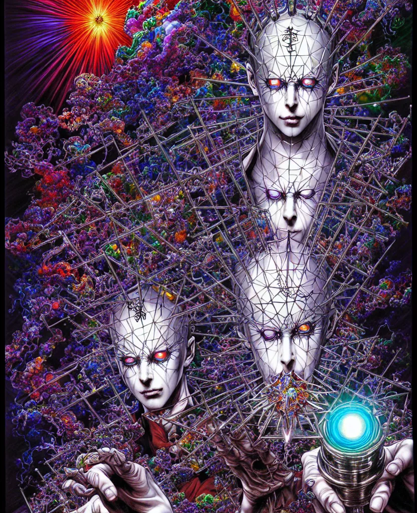 Image similar to realistic detailed image of ultra wrathful rainbow diamond nightmare scientist mega hellraiser depth perception depth of field action horror masterpiece neo - gothic gothic rich deep colors art by yoshitaka amano by yukito kishiro by yoshiyuki sadamoto by artgerm by hajime sorayama
