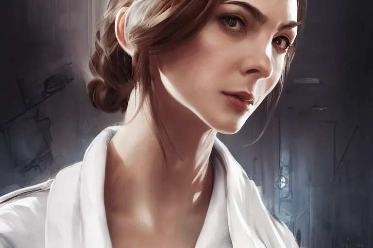 Image similar to a poster of emergency room, an elegant and beautiful female doctor in a white coat in a hospital ward, cinematic, highly detailed, digital painting, artstation, concept art, matte, sharp focus, illustration, art by artgerm and greg rutkowski