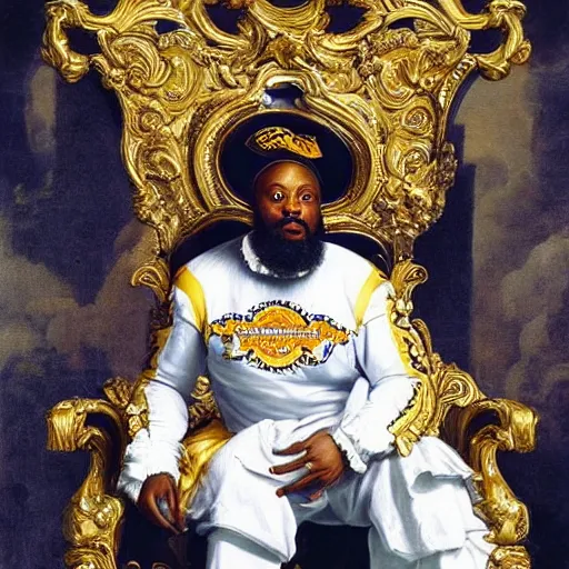 Prompt: Baroque portrait painting of coach Tomlin sitting on a throne as the Emperor of the NFL