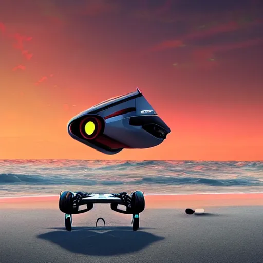 Image similar to concpet art featuring a futuristic ferrari themed hoverboard sitting at the beach during sunset. fine detail. surf. this 4 k hd image is trending on artstation, featured on behance, well - rendered, extra crisp, features intricate detail, epic composition and the style of unreal engine.