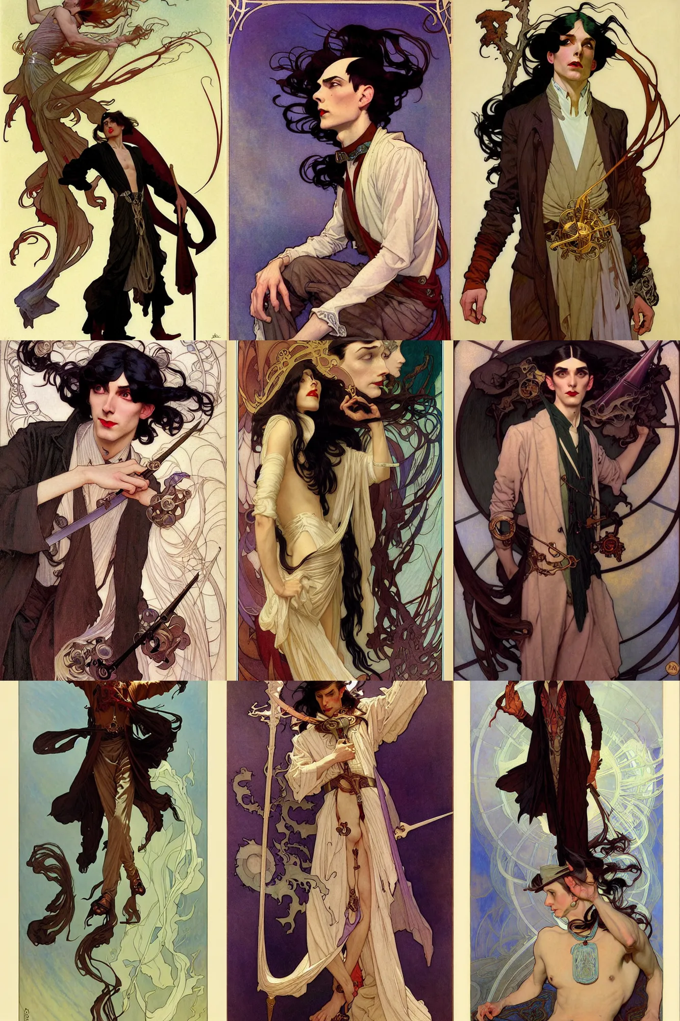 Prompt: thin male mage with long dark hair, 1 9 2 0 s fashion, fantasy, art by joseph leyendecker, peter mohrbacher, ruan jia, finnian macmanus, marc simonetti, ayami kojima, vasnetsov, cedric peyravernay, alphonse mucha, james jean