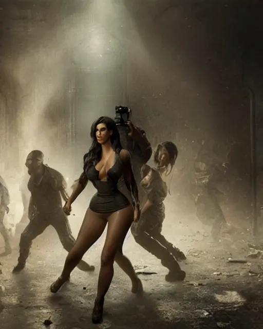 Image similar to A film still of kim kardashian being tackled by zombies in resident evil, highly detailed, digital painting, artstation, concept art, sharp focus, illustration, cinematic lighting, art by artgerm and greg rutkowski and alphonse mucha diffuse lighting, fantasy, intricate, elegant, highly detailed, lifelike, photo, digital painting, artstation, illustration, concept art, smooth, sharp focus, art by John Collier and Albert Aublet and Krenz Cushart and Artem Demura and Alphonse Mucha, full-shot, full pov.