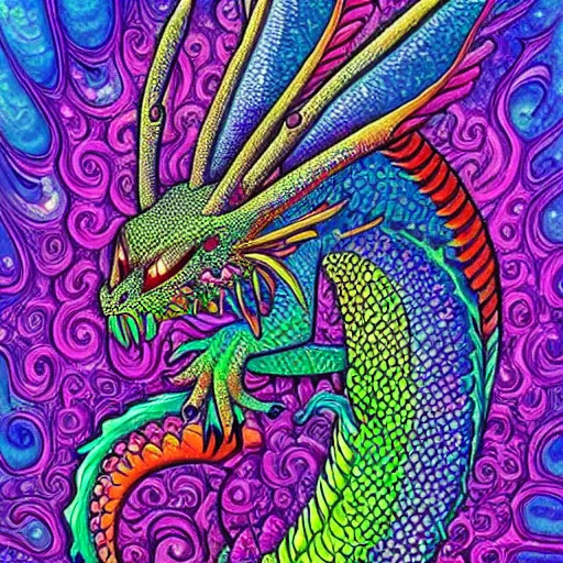 Image similar to a painting of a dragon with a psychedelic look, a detailed painting by lisa frank and alex grey, reddit contest winner, psychedelic art, detailed painting, psychedelic, ( ( pointilism ) ), made of crystals