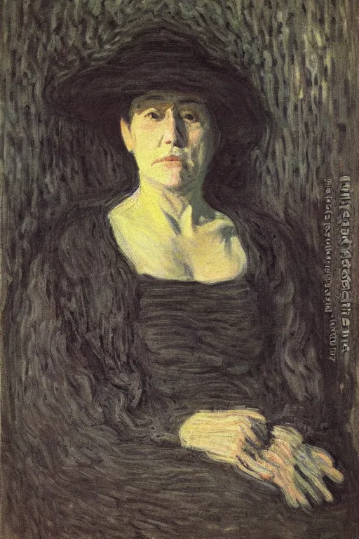 Prompt: a portrait of a widow, sad!, black clothes, by claude monet