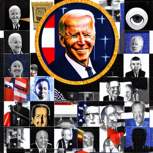Image similar to portrait mosaic of joe biden with robot eyes, 4k, intricate details, digital, between heaven and hell