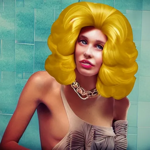 Prompt: dreaming of a golden wig while sitting on the toilet. colorful. hyperrealistic. there ’ s turtles in the background. monkey.