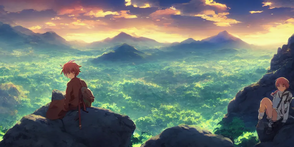 Prompt: isekai masterpiece anime boy sitting on a rock off to the side looking down upon fantasy floating sky town, during dawn, cinematic, very warm colors, intense shadows, anime illustration, rapid mountains, anime screenshot composite background