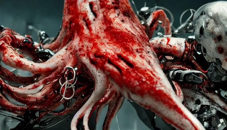 Image similar to Big budget horror movie, a squid bloodily decapitates a cyborg