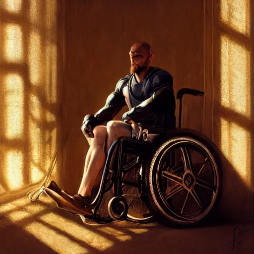 Prompt: handsome portrait of a wheelchair guy fitness posing, radiant light, caustics, heroic, smooth, one legged amputee, gehrnan, translucence, by gaston bussiere, bayard wu, greg rutkowski, giger, maxim verehin