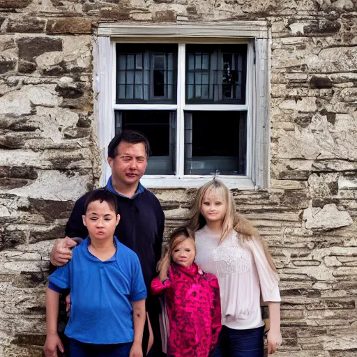 Image similar to family photograph in front of an old house, a ghostly face is visible in one of the windows