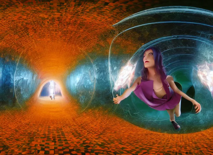 Prompt: vfx surreal 3 d portrait of alice from wonderland walking into a non - euclidean and infinite tunnel of evanescent hallucinatory images in endless mirrors that temporarily cling to a virtual node of experience called the self in an illusion called spacetime, hyperdetailed, octane render, nvidia raytracing demo