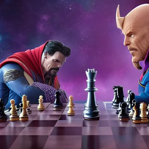 Prompt: thanos and doctor strange playng chess, detailed 4 k