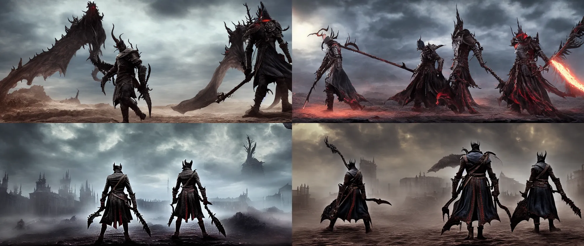 Prompt: a cinematic shot of the bloodborne warrior standing on a rocky cliff holding a spear, in the background a big sleeping robotic dragon laying covered a little bit in sand, dramatic skies with dark navy clouds