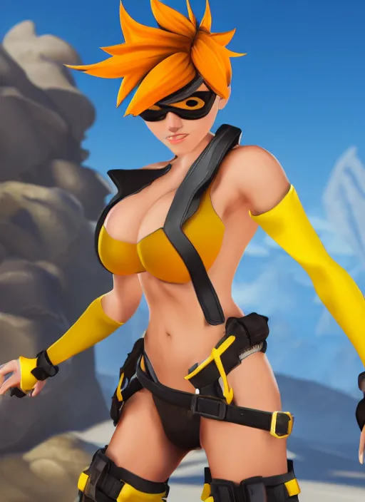 Image similar to tracer game character, in yellow bikini, blonde hair, black eyes, full height