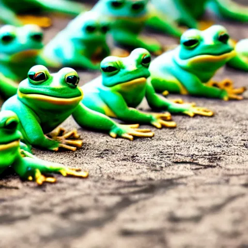 Image similar to an army of green frogs, preparing for war, standing on 2 feet, plague,