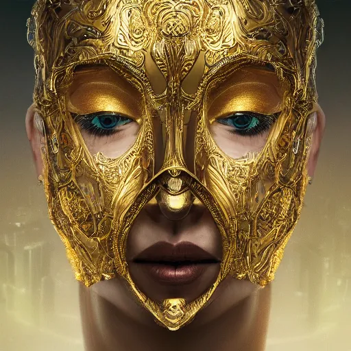 Prompt: Very very very very highly detailed epic central composition portrait of face with venetian mask, golden, intricate, dystopian, sci-fi, extremely detailed, digital painting, artstation, concept art, smooth, sharp focus, illustration, intimidating lighting, incredible art by Tokujin Yoshioka and Anton Pieck