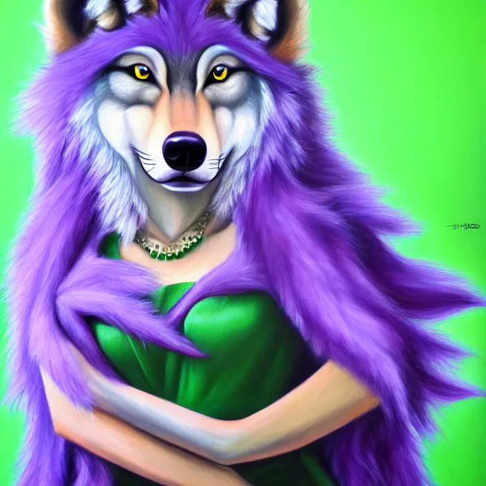 Image similar to a photorealistic painting of an anthropomorphic female wolf fursona wearing a green dress, violet hair, furry, soft lighting, oil on canvas, hyper detailed
