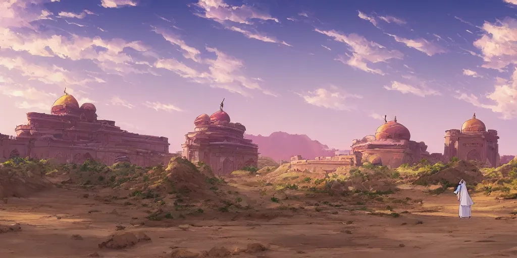 Image similar to a stunning desert landscape with an arabian palace on the horizon by makoto shinkai