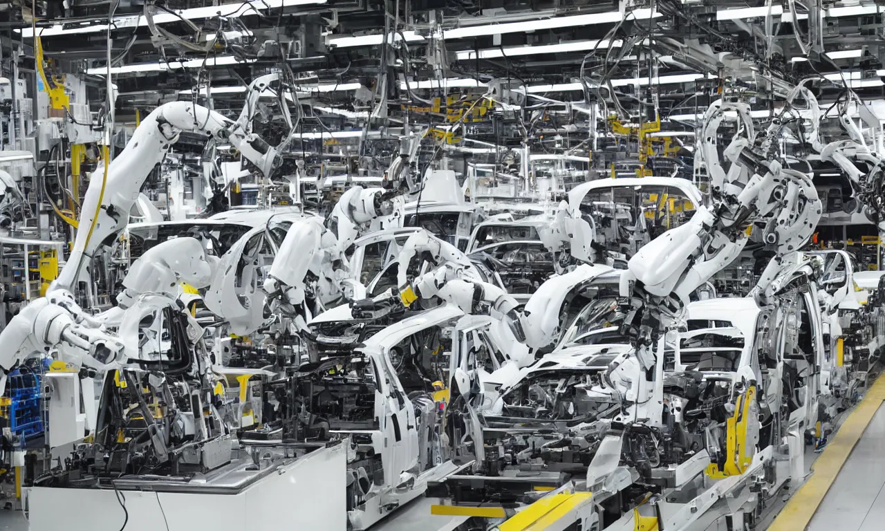 Image similar to car production line with robotic arms welding, big hall, white, bright, technology, modern, straight on, straight camera view