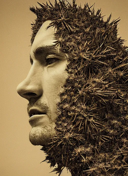 Image similar to a man's face in profile, made of cactus spines, in the style of the Dutch masters and Gregory Crewdson, dark and moody