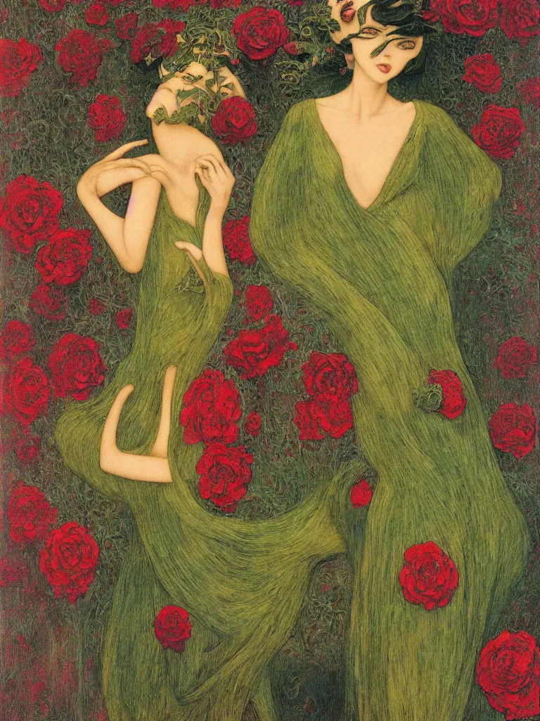 Image similar to !!!dream brunette woman standing in green dress on gold background, with black roses and red lips Anton Pic, Jean Delville, Amano, Yves Tanguy, Ernst Heckel, Edward Robert Hughes, Stanislaw Szukalski and Roger Dean photorealism