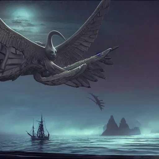 Prompt: pirateship with wings in the sky by H.P. Lovecraft, abaddon and magali villeneuve, ghibli moebius, 8k, epic scene, scifi, unreal engine, trending on cg station. masterpiece.