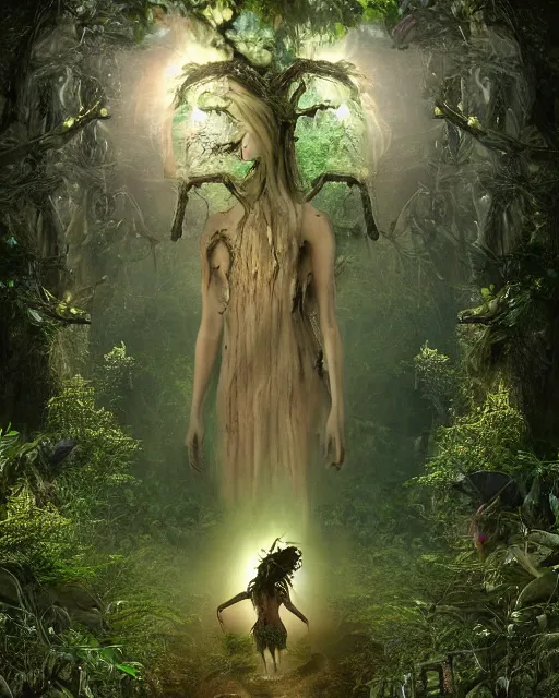 Prompt: a doomed goddess walking towards a ravenous, horrific portal to hades embedded in a creepy tree in a densely overgrown, magical jungle, fantasy, dreamlike sunraise, stopped in time, dreamlike light incidence, ultra realistic